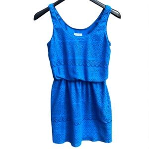 London Times Cinched Waist Sleeveless Dress Blue Knit Lace Design Size 4 Lined